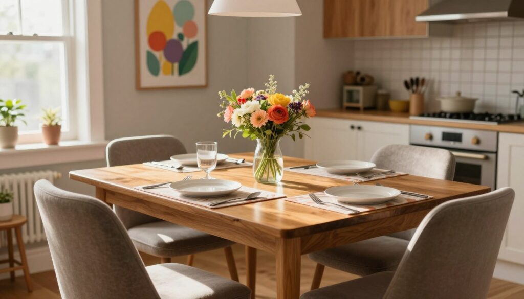 A cozy dining area featuring a beautifully set table, adorned with elegant cutlery, stylish placemats, and a centerpiece of fresh flowers. The foreground shows soft dining chairs around the table, inviting and comfortable. In the middle, a wooden table reflects warm, natural light streaming through a nearby window, enhancing the inviting atmosphere. The background features tastefully decorated kitchen walls with appealing wall art and vibrant colors, making the space feel cheerful and homely. The lighting is soft and diffused, creating a welcoming ambiance. The overall mood exudes warmth and comfort, perfect for gathering and enjoying meals in a delightful dining nook.