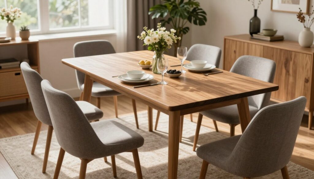 A cozy dining area featuring a stylish wooden table surrounded by comfortable chairs, designed for optimal user comfort. The table is set with elegant dishware and fresh flowers, creating an inviting atmosphere. Soft, natural light filters through a nearby window, casting gentle shadows and enhancing the warmth of the wood. In the background, tastefully arranged decor items and a lush potted plant add depth to the scene. The perspective should be slightly raised, showcasing the layout and space available for movement around the table. The mood is welcoming and serene, ideal for family gatherings and dining experiences. The overall composition emphasizes key factors that influence comfort in a dining setting.
