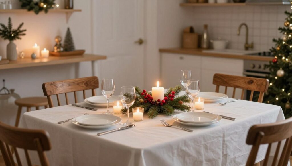 A cozy, elegantly decorated dining table set in a small apartment for a traditional Christmas Eve dinner. In the foreground, a beautifully arranged table with a crisp white tablecloth, adorned with delicate candles casting a warm glow. In the center, a centerpiece of evergreen branches and red berries, complemented by elegant dinnerware and polished cutlery. The middle layer reveals a small but inviting dining area, featuring a rustic wooden chair and a shelf with festive decor. In the background, a softly lit kitchen, hinting at homey decorations and a hint of a Christmas tree peeking through. The overall atmosphere is warm, inviting, and festive, evoking the spirit of a traditional holiday gathering. Soft, natural lighting enhances the peaceful mood. A cozy, elegantly decorated dining table set in a small apartment for a traditional Christmas Eve dinner. In the foreground, a beautifully arranged table with a crisp white tablecloth, adorned with delicate candles casting a warm glow. In the center, a centerpiece of evergreen branches and red berries, complemented by elegant dinnerware and polished cutlery. The middle layer reveals a small but inviting dining area, featuring a rustic wooden chair and a shelf with festive decor. In the background, a softly lit kitchen, hinting at homey decorations and a hint of a Christmas tree peeking through. The overall atmosphere is warm, inviting, and festive, evoking the spirit of a traditional holiday gathering. Soft, natural lighting enhances the peaceful mood.