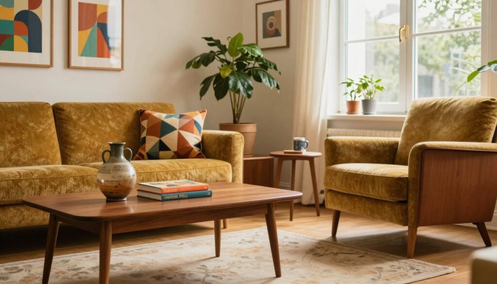 A cozy interior showcasing beautifully arranged mid-century modern furniture, known as "meble PRL". In the foreground, a stylish wooden coffee table with tapered legs holds a vintage vase and a small stack of colorful books. The middle features a chic sofa with geometric patterned cushions and a retro armchair, both emphasizing the vibrant colors typical of the era. A wall adorned with framed artwork reflects the cultural aesthetic of the 1960s, while a potted plant adds a touch of greenery. In the background, large windows invite warm natural light, creating a welcoming atmosphere. The scene is shot from a slight angle for depth, highlighting the inviting arrangement of the furniture, perfect for a social media marketing context.