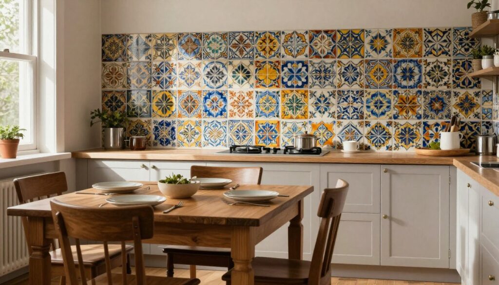 A cozy kitchen dining area featuring vibrant ceramic tiles on the wall in the background, showcasing intricate patterns and a rich color palette that emphasizes durability. In the foreground, a beautifully set wooden dining table surrounded by elegant chairs invites a warm family gathering. Natural light filters through a nearby window, illuminating the ceramic tile designs and creating soft shadows that enhance their texture. The middle ground includes neatly arranged tableware, reflecting a welcoming atmosphere. The scene conveys a harmonious blend of tradition and modernity, with an inviting and timeless aesthetic that highlights the significance of ceramic tiles in home decor, especially in a dining space.
