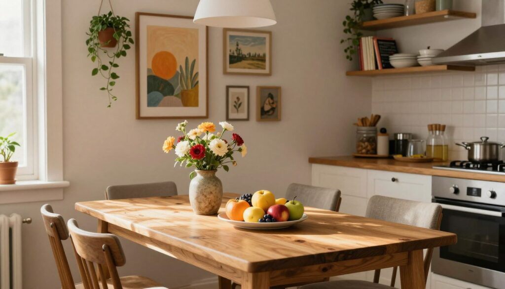 A cozy kitchen interior featuring a charming dining nook with a wooden table set for a meal, surrounded by comfortable chairs. The wall behind the table is tastefully decorated with warm-toned artwork and hanging plants, creating a welcoming atmosphere. Soft, natural light filters through a window, highlighting the textures of the table and wall decor. In the foreground, a plate of fresh fruit is artfully arranged on the table, complemented by a rustic vase of flowers. The background features kitchen elements like shelves with cookbooks and kitchenware, enhancing the homely feel of the space. The overall mood is inviting and cheerful, perfect for a family gathering or a nice breakfast setting.