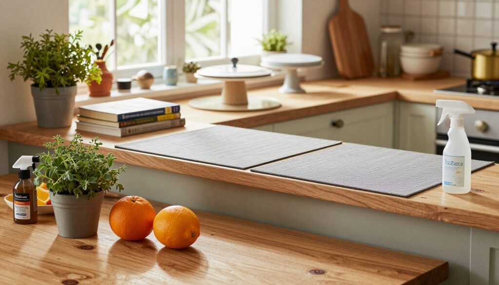 A cozy kitchen scene focused on a countertop filled with practical items that reduce its appeal to cats. In the foreground, there is a textured, wooden table with decorative elements like potted herbs, citrus fruits, and a small cat deterrent spray bottle. The middle layer features an array of objects like books, a cake stand with a lid, and a sturdy placemat to cover surfaces. The background shows a window with soft, natural light filtering in, illuminating the space and creating a warm atmosphere. The overall mood is inviting yet functional, emphasizing a clutter-free cooking area that gently discourages feline curiosity. Capture the scene from a slightly elevated angle to provide a clear view of the counter’s decorative features. A cozy kitchen scene focused on a countertop filled with practical items that reduce its appeal to cats. In the foreground, there is a textured, wooden table with decorative elements like potted herbs, citrus fruits, and a small cat deterrent spray bottle. The middle layer features an array of objects like books, a cake stand with a lid, and a sturdy placemat to cover surfaces. The background shows a window with soft, natural light filtering in, illuminating the space and creating a warm atmosphere. The overall mood is inviting yet functional, emphasizing a clutter-free cooking area that gently discourages feline curiosity. Capture the scene from a slightly elevated angle to provide a clear view of the counter’s decorative features.