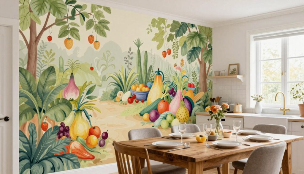A cozy kitchen setting featuring a beautiful wall mural (fototapeta) that adds character to the space. In the foreground, a rustic wooden dining table is set with elegant tableware, surrounded by comfortable chairs. The middle shows the eye-catching fototapeta depicting a vibrant, hand-painted fruit and vegetable garden, enhancing the room's warmth and inviting atmosphere. The background showcases a bright kitchen filled with natural light filtering through large windows, illuminating the soft pastel colors of the mural. Capture the image from an angle that highlights both the mural and the dining area, creating a harmonious blend of practicality and decoration. The overall mood is welcoming, cheerful, and perfect for culinary gatherings.