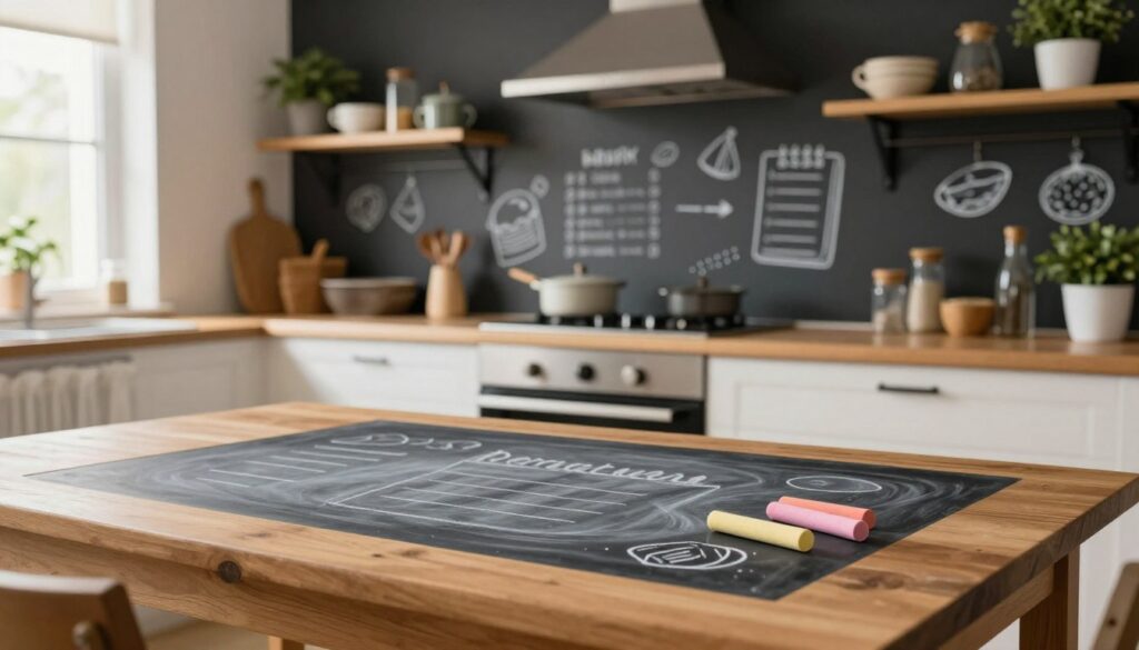 A cozy kitchen setting featuring a wooden table in the foreground, topped with a fresh chalkboard paint surface. On the table, a couple of colorful chalks are scattered, inviting creative use. In the middle ground, a stylish wall painted with chalkboard paint showcases various doodles and grocery lists, blending decoration with practicality. The background includes warm, soft lighting that highlights the homely atmosphere, along with shelves filled with kitchenware and plants. A window allows natural light to filter in, creating a bright and airy feel. The overall mood is cheerful and inviting, perfect for a family gathering or casual dining. Capture this scene from a slightly elevated angle to emphasize the table and wall interaction, creating a engaging connection between elements.