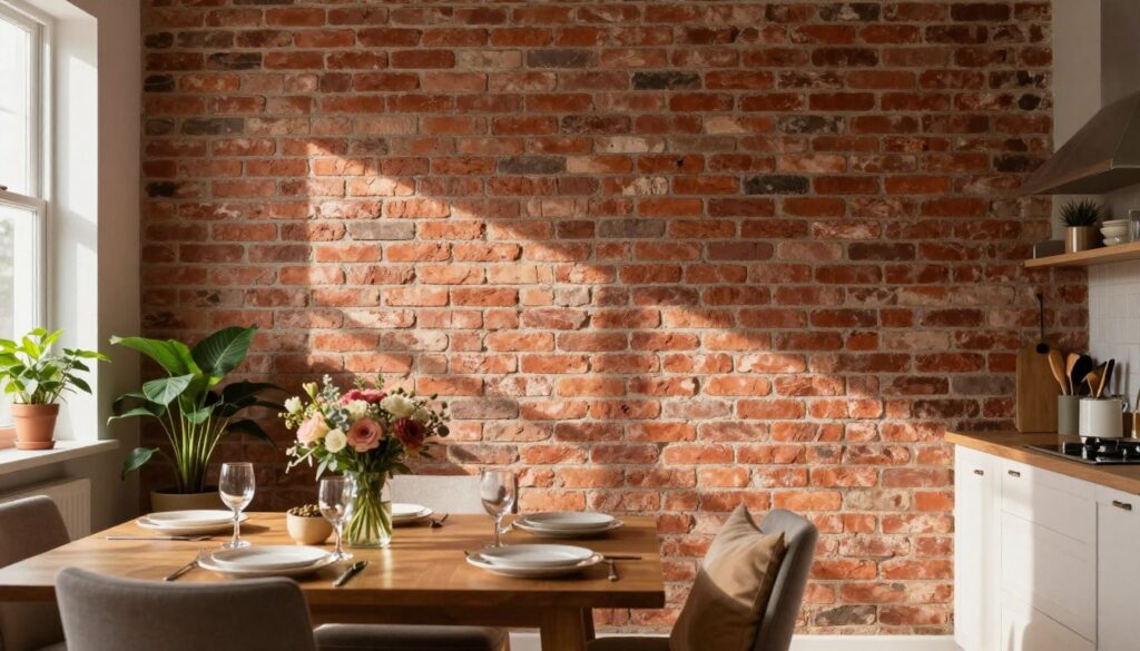 A cozy kitchen setting showcasing a rustic brick wall as the focal point, emphasizing the warmth and texture of traditional red bricks. In the foreground, a beautifully set dining table with elegant tableware and a centerpiece of fresh flowers. Soft, natural light streams through a nearby window, casting gentle shadows and illuminating the brick feature wall. The middle consists of comfortable chairs arranged around the table, adorned with plush cushions. In the background, hints of lush green plants and tasteful kitchen decor add to the inviting atmosphere. The scene conveys a welcoming, homely feel, perfect for a family gathering or intimate dinner, highlighting the charm of brick in enhancing the dining area.