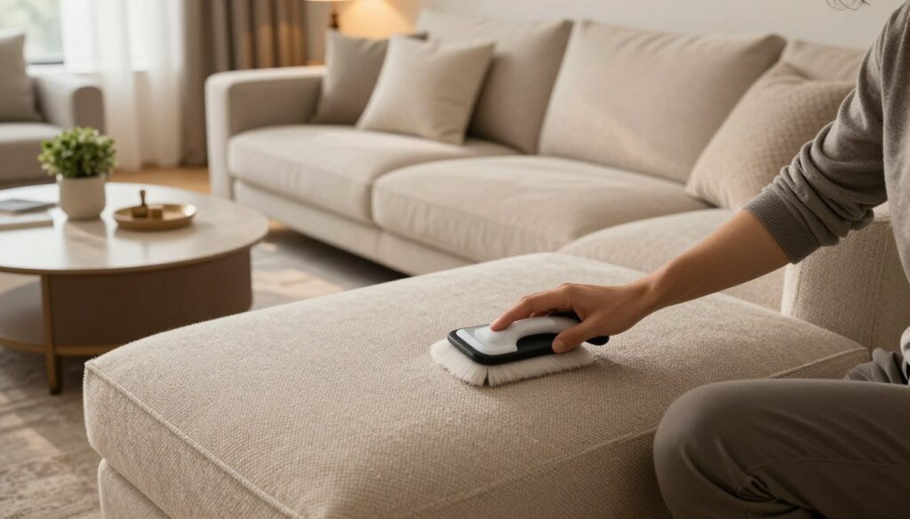A cozy living room featuring a beautiful boucle sofa, enhanced with soft, textured cushions in neutral tones. In the foreground, a person in smart casual attire gently brushes the fabric with a soft cleaning tool, showcasing care and maintenance of the furniture. The middle ground shows a stylish coffee table adorned with a small plant and decorative items that complement the boucle's aesthetic. The background features warm, ambient lighting from a nearby window, casting soft shadows that create an inviting atmosphere. The scene conveys a sense of comfort and sophistication, emphasizing the warmth and style of boucle upholstery in a modern home setting.