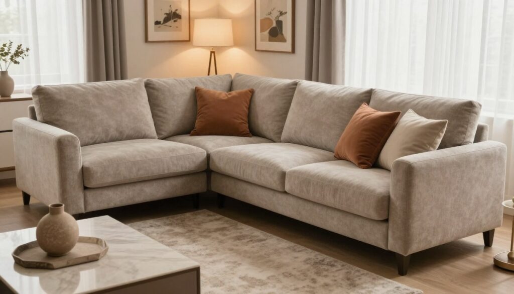 A cozy living room featuring the Belavio corner sofa as the centerpiece, showcasing its plush cushions and elegant design. In the foreground, a soft area rug and a modern coffee table adorned with a decorative vase create an inviting atmosphere. In the middle, the Belavio sofa is arranged in a way that highlights its spaciousness and comfort, with throw pillows in warm colors. The background features a tastefully decorated wall with framed art and soft ambient lighting, enhancing the overall coziness. The scene is illuminated with soft, natural light filtering through sheer curtains, creating a relaxed and welcoming mood. The camera angle is slightly elevated, capturing the full experience of comfort and quality craftsmanship in the room.