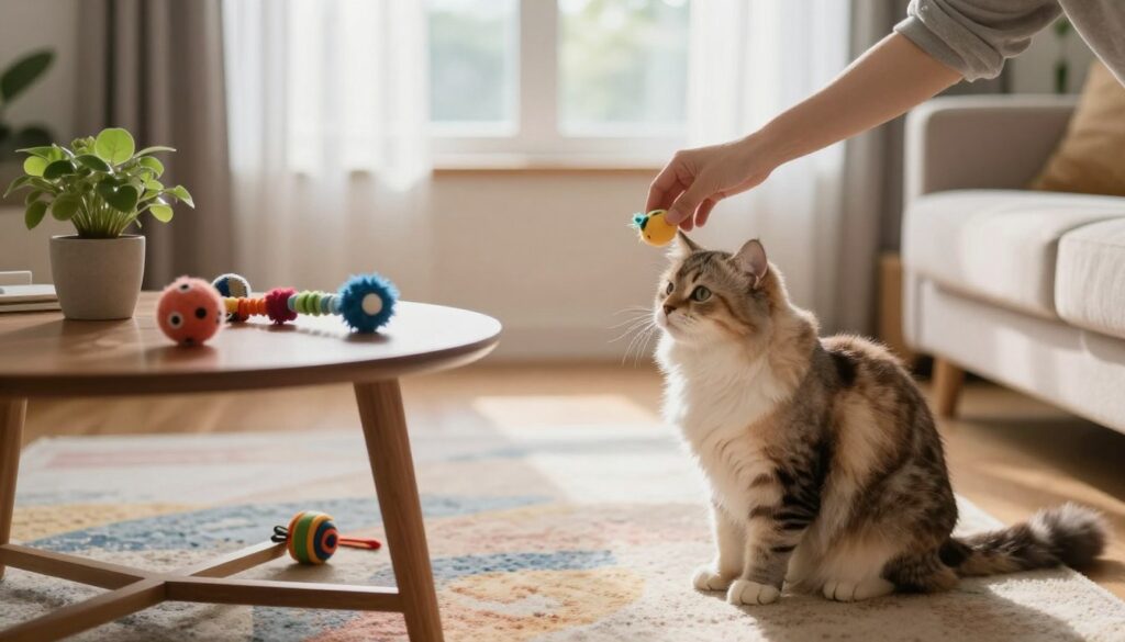 A cozy living room scene featuring a fluffy cat sitting peacefully on a colorful rug, with a wooden table in the foreground. The table is adorned with a few scattered cat toys and a small potted plant, while the background reveals a sunny window draped with sheer curtains, allowing soft, natural light to brighten the space. In the middle, a gentle hand is reaching down, offering a toy to the cat, demonstrating positive reinforcement without any signs of stress or punishment. The atmosphere is warm and inviting, evoking a sense of calm and understanding between the pet and its owner. The image should be captured with a soft focus effect, providing an intimate glimpse into a harmonious moment of training. A cozy living room scene featuring a fluffy cat sitting peacefully on a colorful rug, with a wooden table in the foreground. The table is adorned with a few scattered cat toys and a small potted plant, while the background reveals a sunny window draped with sheer curtains, allowing soft, natural light to brighten the space. In the middle, a gentle hand is reaching down, offering a toy to the cat, demonstrating positive reinforcement without any signs of stress or punishment. The atmosphere is warm and inviting, evoking a sense of calm and understanding between the pet and its owner. The image should be captured with a soft focus effect, providing an intimate glimpse into a harmonious moment of training.
