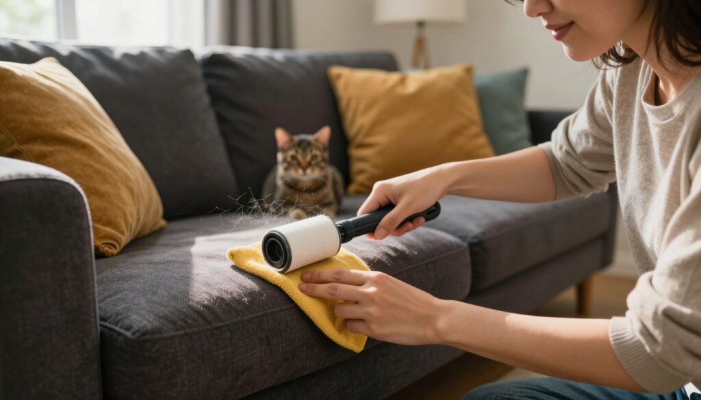 A cozy living room scene featuring a person in smart casual attire carefully cleaning a dark-colored fabric couch with a lint roller, effectively removing pet hair. The foreground captures the focused expression of the individual as they work on a corner of the couch. In the middle, the couch is adorned with colorful cushions, and a curious cat peeks out from behind one. The background shows a warm, inviting atmosphere with soft lighting from a nearby window, casting gentle shadows that enhance the texture of the upholstery. The overall mood is cheerful and relaxed, emphasizing the importance of maintaining clean furniture in a pet-friendly environment. A cozy living room scene featuring a person in smart casual attire carefully cleaning a dark-colored fabric couch with a lint roller, effectively removing pet hair. The foreground captures the focused expression of the individual as they work on a corner of the couch. In the middle, the couch is adorned with colorful cushions, and a curious cat peeks out from behind one. The background shows a warm, inviting atmosphere with soft lighting from a nearby window, casting gentle shadows that enhance the texture of the upholstery. The overall mood is cheerful and relaxed, emphasizing the importance of maintaining clean furniture in a pet-friendly environment.