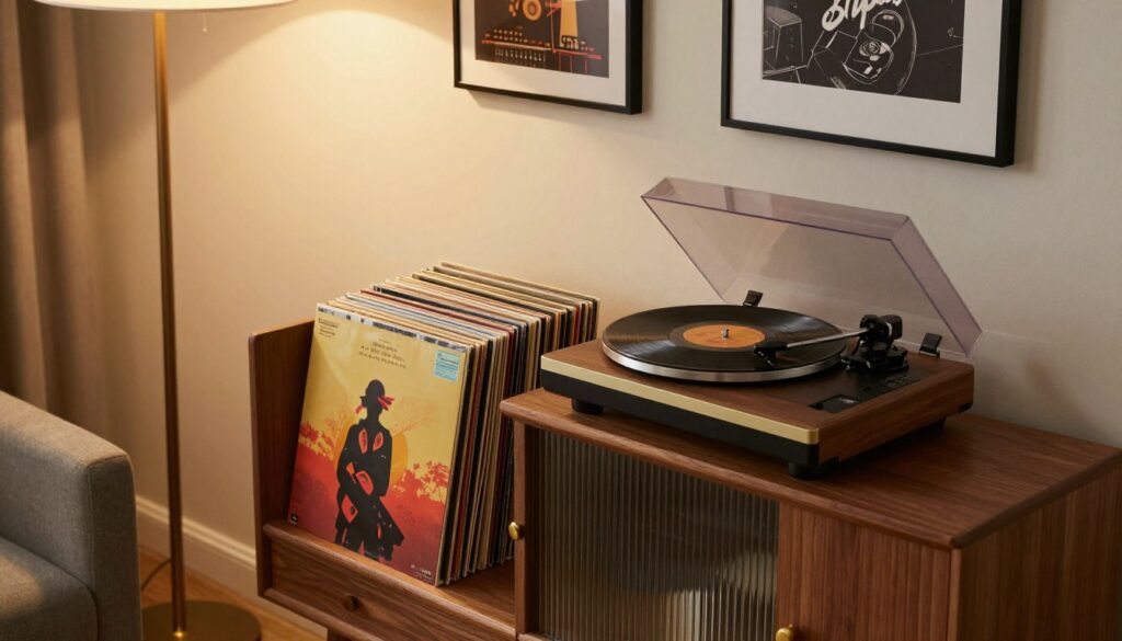A cozy living room scene featuring a stylish record player on a beautifully crafted wooden cabinet. In the foreground, the cabinet is open, displaying neatly organized vinyl records, showcasing vibrant album covers. The records are various colors and designs, reflecting a passion for music and art. The middle ground includes soft, ambient lighting that creates a warm atmosphere, with a vintage floor lamp casting gentle shadows. In the background, a wall adorned with framed music-themed artwork enhances the decor. The scene captures a serene vibe, inviting the viewer to appreciate the love of vinyl records and stylish furniture. Shot from a slightly elevated angle to capture both the cabinet and the surrounding decor. The overall mood is nostalgic yet modern, emphasizing good design and practicality.