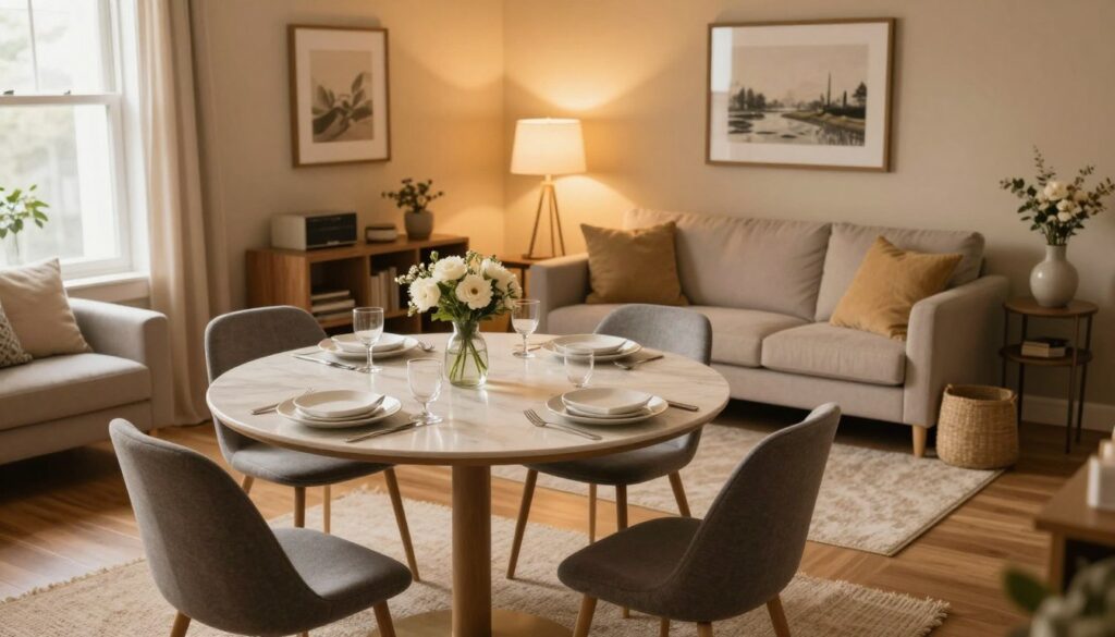 A cozy small living room featuring a strategically placed dining table. In the foreground, a beautifully set round table with elegant tableware and a small vase of flowers, surrounded by stylish chairs. In the middle, a well-arranged layout of furniture, including a comfortable sofa and a soft rug that enhances the ambiance, keeping ample space for movement. The background displays warm, inviting wall colors, framed art, and soft lighting from lamps, creating a peaceful atmosphere. Natural light filters in through a window, adding warmth to the scene. The angle is slightly elevated to showcase the harmony between furniture and the overall spatial design, emphasizing comfort and communication in the room.