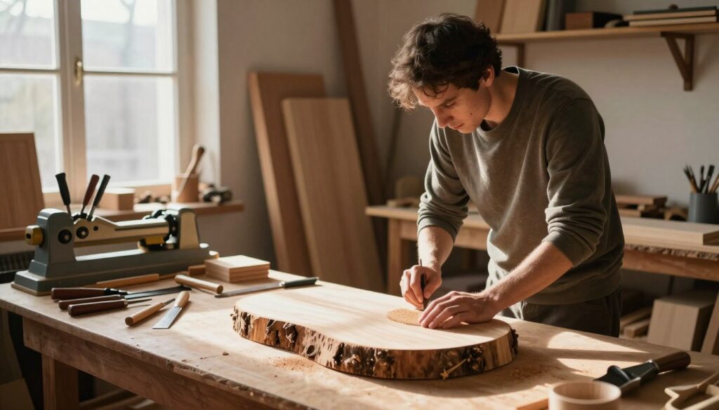 A cozy workshop scene depicting the preparation of wood for crafting furniture. In the foreground, a skilled artisan wearing modest casual clothing stands at a workbench, carefully sanding a smooth piece of timber, showcasing focused determination. The middle ground features various tools neatly arranged, such as chisels, saws, and a wood lathe, reflecting a professional work environment. Natural sunlight streams in through a large window, casting warm, inviting light across the scene. Shelves in the background are lined with finished wooden pieces, complementing the atmosphere of craftsmanship and dedication. The overall mood is inspiring and serene, highlighting the artistry involved in preparing wood for further use in creating a tree stump table. A cozy workshop scene depicting the preparation of wood for crafting furniture. In the foreground, a skilled artisan wearing modest casual clothing stands at a workbench, carefully sanding a smooth piece of timber, showcasing focused determination. The middle ground features various tools neatly arranged, such as chisels, saws, and a wood lathe, reflecting a professional work environment. Natural sunlight streams in through a large window, casting warm, inviting light across the scene. Shelves in the background are lined with finished wooden pieces, complementing the atmosphere of craftsmanship and dedication. The overall mood is inspiring and serene, highlighting the artistry involved in preparing wood for further use in creating a tree stump table.