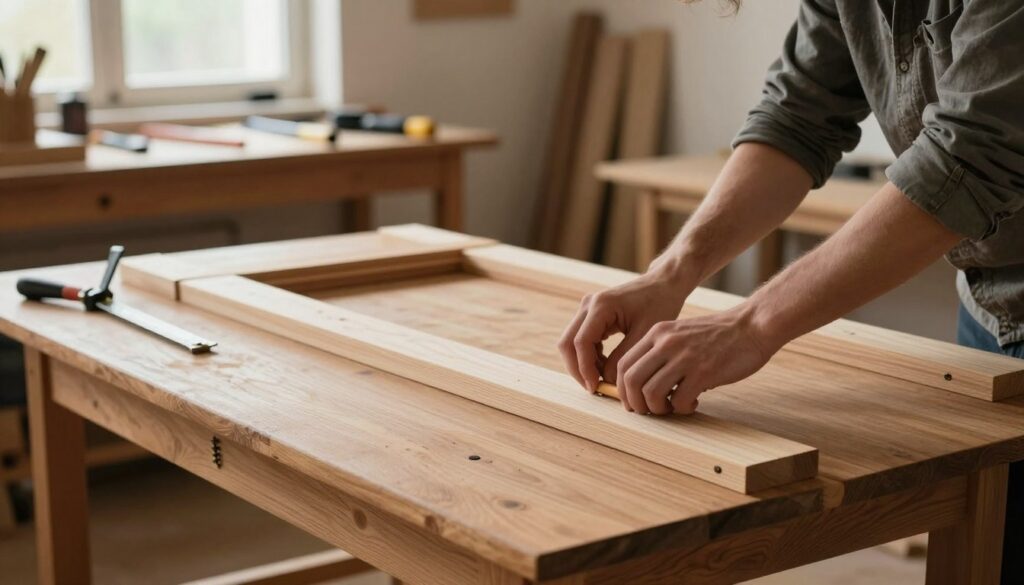 A cozy workshop setting featuring a wooden table being assembled. In the foreground, a person in modest casual clothing is carefully positioning wooden planks to create a sturdy tabletop, using clamps and measuring tools for precision. The middle ground showcases a partially assembled table structure, with emphasis on the joining techniques used for durability, like dowels and screws. In the background, soft natural light filters through a nearby window, illuminating the warm wood tones and highlighting the details of the tools on a workbench. The overall mood is inviting and focused, capturing the essence of craftsmanship and attention to detail in furniture making.