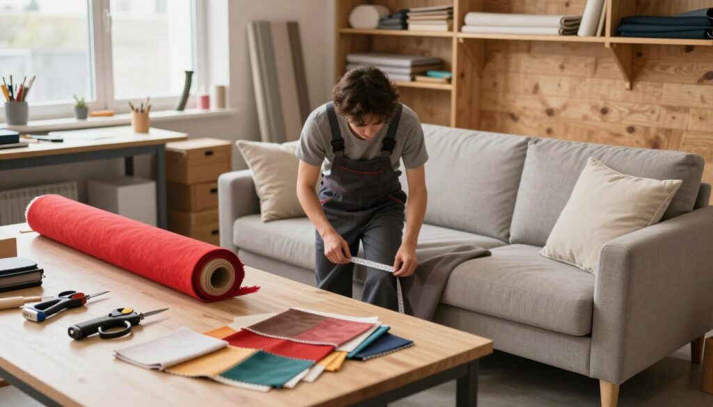 A cozy workshop setting for upholstery preparation, featuring a detailed corner sofa being reupholstered. In the foreground, a workbench cluttered with tools like a staple gun, scissors, and fabric swatches. A roll of vibrant upholstery fabric rests beside cushions that need covering. In the middle, a person, dressed in professional work attire, attentively measuring fabric with a tape measure, focused and engaged in the task. The background showcases a well-lit workshop with wood paneling, shelves filled with additional materials, and soft natural light streaming in through a window, enhancing the productive atmosphere. The overall mood is inviting and industrious, perfect for DIY enthusiasts. A cozy workshop setting for upholstery preparation, featuring a detailed corner sofa being reupholstered. In the foreground, a workbench cluttered with tools like a staple gun, scissors, and fabric swatches. A roll of vibrant upholstery fabric rests beside cushions that need covering. In the middle, a person, dressed in professional work attire, attentively measuring fabric with a tape measure, focused and engaged in the task. The background showcases a well-lit workshop with wood paneling, shelves filled with additional materials, and soft natural light streaming in through a window, enhancing the productive atmosphere. The overall mood is inviting and industrious, perfect for DIY enthusiasts.