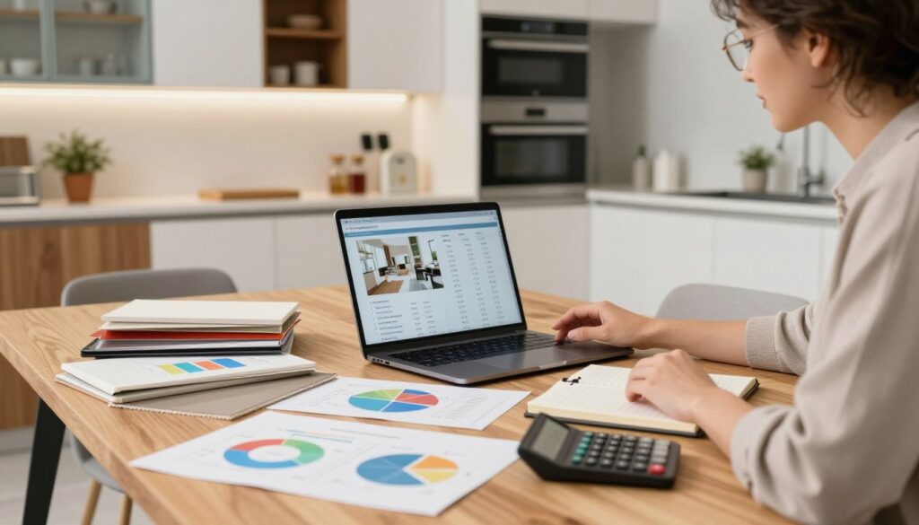 A detailed analytical scene showcasing a kitchen design workspace focused on cost analysis for cabinetry fronts. In the foreground, a sleek wooden table is cluttered with colorful graphs, charts, and fabric samples of acrylic and lacquered kitchen fronts. A calculator and notepad are visible, emphasizing a focused investment analysis. In the middle ground, a design expert in a smart casual outfit examines a laptop displaying kitchen designs and cost breakdowns. The background features a well-lit kitchen display, showcasing both acrylic and lacquered cabinets in a modern setting. Soft, natural lighting enhances the mood of professionalism and creativity, while an inviting atmosphere suggests thorough exploration of investment decisions in kitchen remodeling.