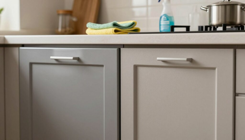 A detailed and vibrant image showing a side-by-side comparison of kitchen cabinet fronts in matte and glossy finishes. In the foreground, display two distinct cabinet doors, one with a sleek, reflective glossy surface and the other with a textured, satin matte finish. Each surface should have visible reflections and textures to emphasize their properties. In the middle, include tools and products for daily maintenance, such as a cleaning spray and cloth, demonstrating care routines. In the background, style the kitchen environment softly lit with warm, ambient lighting to create an inviting atmosphere. Use a slightly elevated perspective to capture both finishes and the maintenance items clearly, showcasing the elegance and functionality of both options.