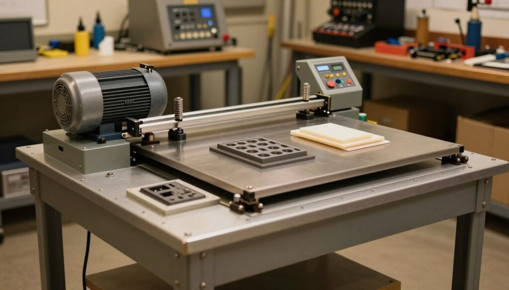 A detailed and well-constructed vibration table with a robust metal frame, designed for technical work. The foreground features the table's surface, showcasing intricate components like motors, springs, and control panels, highlighting their functionality. The middle ground includes tools and materials commonly used with the vibration table, such as molds or samples placed on its surface, demonstrating its practical applications. In the background, a workshop setting is visible, with shelves of technical equipment and organized tools, cast in warm and focused lighting. The angle captures the vibration table at a slight elevation, allowing visibility of its mechanisms. The overall mood is industrious and precise, evoking a sense of innovation and efficiency in technical tasks.