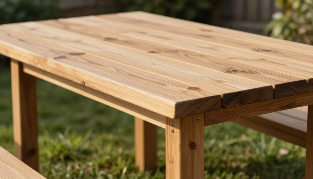 A detailed close-up of a wooden garden table's top construction, focusing on various types of wood planks arranged meticulously as a rustic yet sturdy tabletop. The foreground features a partially assembled wooden frame with visible screws and brackets, giving insight into the mounting of the legs. In the middle, an unfinished garden table stands on a green lawn, showcasing the relationship between the tabletop and the sturdy leg assembly. The background includes soft, out-of-focus greenery, suggesting an outdoor environment. The lighting is warm and natural, simulating late afternoon sun, with soft shadows enhancing the textures of the wood. The overall mood is productive and inviting, emphasizing craftsmanship and outdoor living. A detailed close-up of a wooden garden table's top construction, focusing on various types of wood planks arranged meticulously as a rustic yet sturdy tabletop. The foreground features a partially assembled wooden frame with visible screws and brackets, giving insight into the mounting of the legs. In the middle, an unfinished garden table stands on a green lawn, showcasing the relationship between the tabletop and the sturdy leg assembly. The background includes soft, out-of-focus greenery, suggesting an outdoor environment. The lighting is warm and natural, simulating late afternoon sun, with soft shadows enhancing the textures of the wood. The overall mood is productive and inviting, emphasizing craftsmanship and outdoor living.