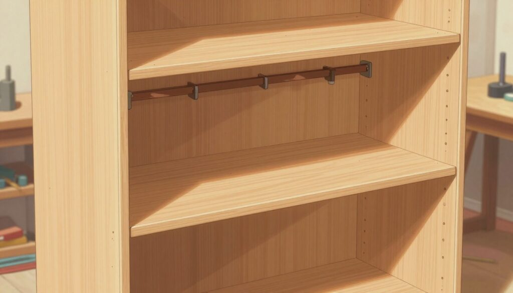 A detailed illustration of a wardrobe skeleton structure, showcasing the frame and support system. In the foreground, display the wooden frame pieces, including vertical side panels, horizontal shelves, and back support, all meticulously arranged. In the middle ground, depict additional construction elements like brackets and connectors, emphasizing the robust design. The background should softly fade, suggesting a workshop environment with tools and soft lighting, highlighting the meticulous craftsmanship of the wardrobe's construction. Use warm, inviting colors to create a sense of focus on the woodworking process. Aim for a slightly elevated angle to capture the depth and dimension of the structure, conveying a professional and organized atmosphere, suitable for instructional purposes. A detailed illustration of a wardrobe skeleton structure, showcasing the frame and support system. In the foreground, display the wooden frame pieces, including vertical side panels, horizontal shelves, and back support, all meticulously arranged. In the middle ground, depict additional construction elements like brackets and connectors, emphasizing the robust design. The background should softly fade, suggesting a workshop environment with tools and soft lighting, highlighting the meticulous craftsmanship of the wardrobe's construction. Use warm, inviting colors to create a sense of focus on the woodworking process. Aim for a slightly elevated angle to capture the depth and dimension of the structure, conveying a professional and organized atmosphere, suitable for instructional purposes.