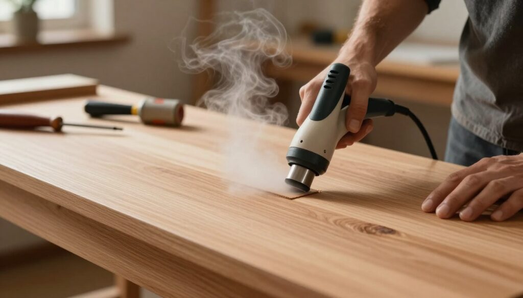 A detailed illustration of the thermal method of veneer removal, showcasing a wooden furniture piece in the foreground with steam rising gently around it. A close-up view of a hot steam tool in use, with a person in modest casual clothing carefully applying steam to the veneer, highlighting the texture of the wood and the steam interacting with the surface. In the middle ground, blurred tools and accessories for restoration are subtly placed, conveying an organized workspace atmosphere. The background features warm, soft lighting that creates a cozy and focused ambience, emphasizing the careful process of veneer removal. The image should evoke a sense of craftsmanship, attention to detail, and dedication to furniture restoration. A detailed illustration of the thermal method of veneer removal, showcasing a wooden furniture piece in the foreground with steam rising gently around it. A close-up view of a hot steam tool in use, with a person in modest casual clothing carefully applying steam to the veneer, highlighting the texture of the wood and the steam interacting with the surface. In the middle ground, blurred tools and accessories for restoration are subtly placed, conveying an organized workspace atmosphere. The background features warm, soft lighting that creates a cozy and focused ambience, emphasizing the careful process of veneer removal. The image should evoke a sense of craftsmanship, attention to detail, and dedication to furniture restoration.