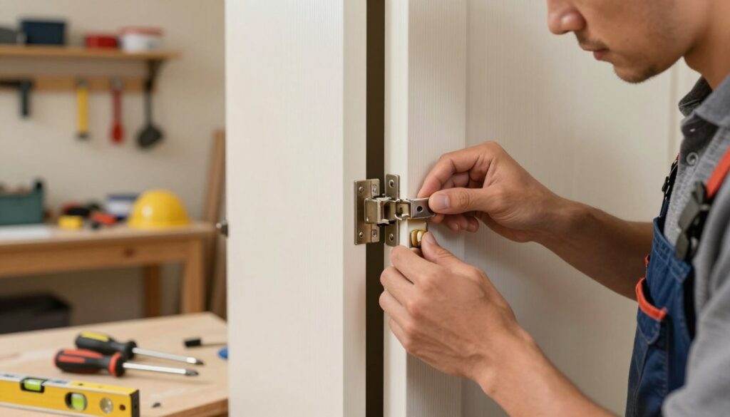 A detailed image showing common mistakes while adjusting hinges on a door. In the foreground, capture a close-up of a person in professional attire, carefully examining a misaligned door hinge, with tools like a screwdriver, level, and shims scattered nearby. In the middle ground, display an open door that is unevenly positioned, highlighting the gap at the top and bottom, along with visible worn-out hinges. The background should feature a well-lit home workshop, with shelves holding various tools and supplies. Use warm lighting to create a focused ambiance, emphasizing the task's intricacies. The atmosphere should convey a sense of determination and focus, reflecting a DIY repair scenario.