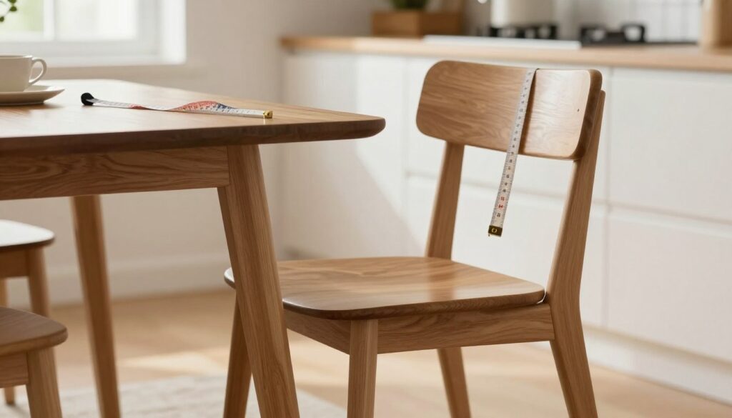 A detailed scene illustrating the concept of adjusting the height of a chair seat to match a table surface for optimal comfort. In the foreground, a stylish wooden dining table positioned in an inviting kitchen setting, with a contemporary chair beside it. The chair’s height is clearly shown in relation to the table, emphasizing the ideal seat height for ergonomics. In the middle ground, a measuring tape is draped over the chair and table, symbolizing measurement and adjustment. The background reveals a softly lit room with natural light filtering through a window, creating a warm and welcoming atmosphere. The overall mood reflects practicality and comfort, emphasizing the importance of proper furniture height alignment. A detailed scene illustrating the concept of adjusting the height of a chair seat to match a table surface for optimal comfort. In the foreground, a stylish wooden dining table positioned in an inviting kitchen setting, with a contemporary chair beside it. The chair’s height is clearly shown in relation to the table, emphasizing the ideal seat height for ergonomics. In the middle ground, a measuring tape is draped over the chair and table, symbolizing measurement and adjustment. The background reveals a softly lit room with natural light filtering through a window, creating a warm and welcoming atmosphere. The overall mood reflects practicality and comfort, emphasizing the importance of proper furniture height alignment.