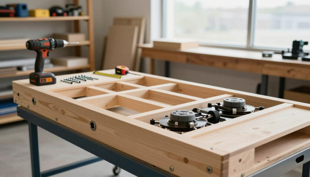 A detailed step-by-step view of a vibration table in a workshop setting, illustrating its construction process with well-organized components. In the foreground, the vibration table is shown with a sturdy wooden frame and visible vibrational motors, focusing on the assembly details. The middle ground features tools like a drill, screws, and measuring tape, emphasizing the DIY aspect. In the background, there are shelves with construction materials and equipment illuminated by bright, natural light from a large window, creating a productive atmosphere. The shot is taken at a slight angle to capture depth, with a warm color palette to evoke a sense of craftsmanship and innovation. The scene should feel professional and inviting, suitable for technical workspaces.