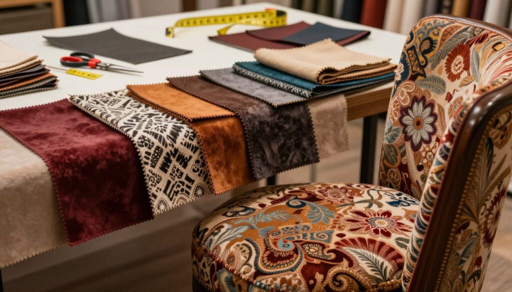 A detailed still life composition showcasing the various costs of reupholstering a chair. In the foreground, a beautifully upholstered chair, exhibiting rich textures of fabric and intricate patterns, sits prominently. The middle ground features tactile samples of upholstery materials—luxurious velvets, sturdy leathers, and colorful patterns—arranged artfully. In the background, a well-lit workspace with tools and materials used in upholstery, such as scissors, fabric swatches, and a measuring tape, reflects a professional atmosphere. Soft, warm lighting creates a cozy and inviting ambiance, while a shallow depth of field draws focus to the chair and fabric samples. The scene conveys craftsmanship and the myriad factors influencing upholstery costs, ideal for highlighting key elements in upholstery services.