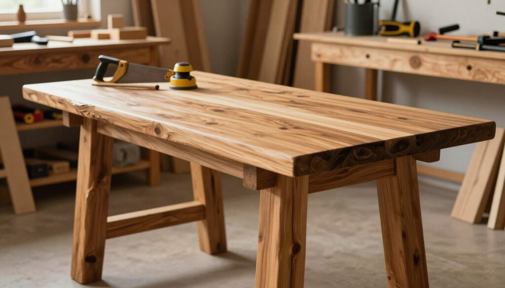 A detailed wooden table assembled from rustic planks, showcasing a blend of polished and raw finishes. In the foreground, the table features strong, sturdy legs crafted from thick, rough-hewn timber, emphasizing durability. The tabletop displays a beautiful grain pattern with a warm, natural sheen, reflecting sunlight. In the middle ground, a cozy workshop setup highlights tools like a saw and sander, hinting at the craftsmanship involved in creating the table. The background reveals a well-organized workspace with wooden shelves holding various woodworking supplies, bathed in soft, warm lighting that creates a welcoming atmosphere. The scene conveys a sense of creativity and craftsmanship, inviting viewers to envision the process of building a table step by step.