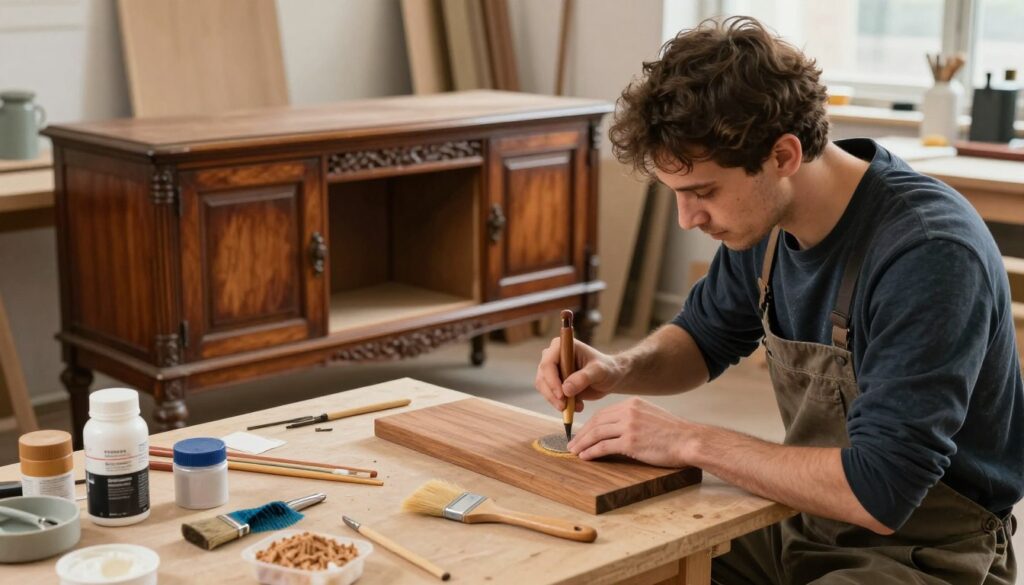 A detailed workspace showcasing the meticulous process of furniture restoration, specifically focusing on a vintage sideboard. In the foreground, a skilled artisan in smart casual attire is carefully sanding the wood with tools neatly arranged around them. The middle ground features the sideboard partially disassembled, with visible wear and craftsmanship, displaying intricate carvings. On a nearby table, various materials such as paint, wood filler, and brushes are laid out, emphasizing the attention to detail required for restoration. The background shows a well-lit workshop with warm, soft lighting illuminating the scene, casting gentle shadows and enhancing the atmosphere of creativity and dedication. This image portrays the essential factors influencing the labor intensity in furniture restoration.