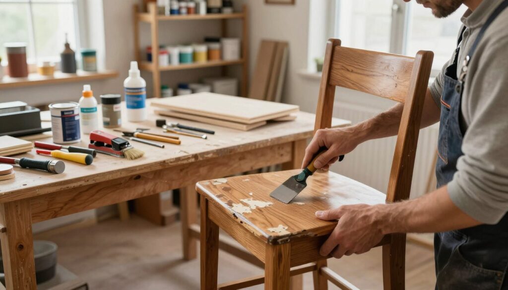 A detailed workspace showcasing the stages of professional furniture restoration. In the foreground, a craftsman in modest casual attire carefully strips old paint from a wooden chair using a scraper, revealing the beautiful grain underneath. In the middle, a workbench is cluttered with tools like sanders, brushes, and cans of varnish, alongside a partially restored piece of furniture. The background features shelves filled with various paints and finishes, with soft natural light streaming in through a window, illuminating the room. The atmosphere is warm and inviting, highlighting the meticulous and hands-on nature of furniture restoration. Capture the essence of craft and dedication in this organized yet lively setting. A detailed workspace showcasing the stages of professional furniture restoration. In the foreground, a craftsman in modest casual attire carefully strips old paint from a wooden chair using a scraper, revealing the beautiful grain underneath. In the middle, a workbench is cluttered with tools like sanders, brushes, and cans of varnish, alongside a partially restored piece of furniture. The background features shelves filled with various paints and finishes, with soft natural light streaming in through a window, illuminating the room. The atmosphere is warm and inviting, highlighting the meticulous and hands-on nature of furniture restoration. Capture the essence of craft and dedication in this organized yet lively setting.