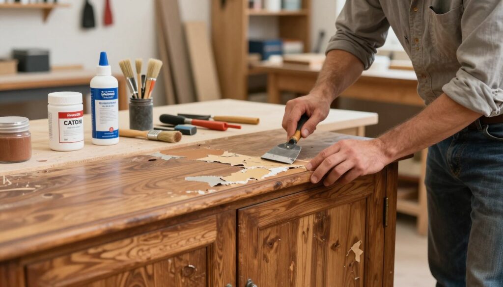 A focused composition showing a skilled craftsman intently removing old paint and finishes from an antique wooden sideboard in a well-lit workshop. In the foreground, the craftsman, dressed in a modest work shirt and jeans, is using a paint scraper to carefully strip the surface, showcasing a variety of peeling layers revealing the rich wood grain beneath. In the middle ground, jars of paint stripper, brushes, and sanding tools are neatly arranged on a workbench, exuding a sense of creativity and craftsmanship. The background features a softly blurred tool wall and shelves of materials, creating an inviting and industrious atmosphere. The warm, natural light highlights the textures of the wood and the finesse of the cleaning process, evoking a mood of restoration and hopefulness for transforming the old piece into a modern home decor item. A focused composition showing a skilled craftsman intently removing old paint and finishes from an antique wooden sideboard in a well-lit workshop. In the foreground, the craftsman, dressed in a modest work shirt and jeans, is using a paint scraper to carefully strip the surface, showcasing a variety of peeling layers revealing the rich wood grain beneath. In the middle ground, jars of paint stripper, brushes, and sanding tools are neatly arranged on a workbench, exuding a sense of creativity and craftsmanship. The background features a softly blurred tool wall and shelves of materials, creating an inviting and industrious atmosphere. The warm, natural light highlights the textures of the wood and the finesse of the cleaning process, evoking a mood of restoration and hopefulness for transforming the old piece into a modern home decor item.