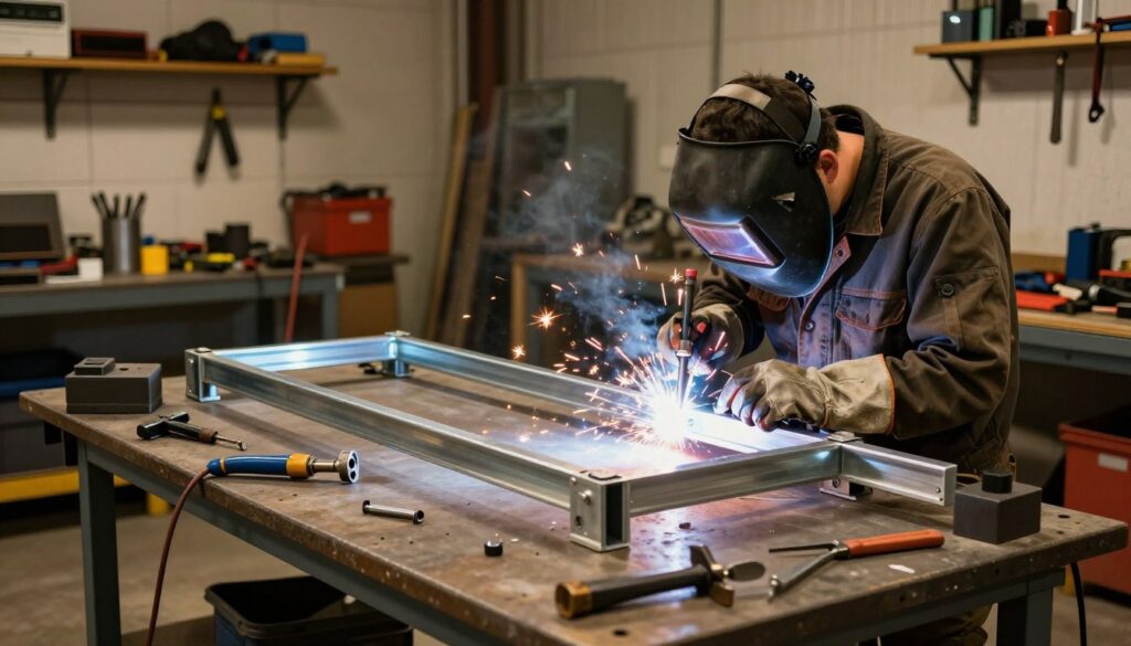 A focused workshop scene showcasing a skilled technician expertly welding a metallic frame for a workshop table. In the foreground, the technician, dressed in protective gear including gloves, a helmet, and a heavy-duty shirt, is meticulously focused on the welding process, with bright sparks flying. The middle layer features a half-assembled steel frame resting on a sturdy workbench, with tools like a welding torch, clamps, and metal pieces scattered around. The background highlights a well-organized garage, filled with shelves of tools and equipment, bathed in warm, ambient lighting that adds a sense of industrial warmth. The atmosphere is diligent and industrious, capturing the essence of craftsmanship and precision in metalworking.