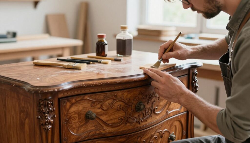 A graceful Art Nouveau commode undergoing restoration, set in a well-lit workshop. In the foreground, a skilled artisan carefully sanding the intricate, swirling woodwork, showcasing the elegant curves and floral motifs typical of the period. The artisan wears professional attire, embodying a sense of dedication. In the middle, various tools and materials for furniture restoration are neatly arranged, including brushes and wood stain, emphasizing the craftsmanship involved. The background features soft, natural light streaming through a window, highlighting the rich textures of the wood and creating a warm, inviting atmosphere. The mood is one of tranquility and artistry, reflecting the beauty and history embodied in this decorative piece of furniture. A graceful Art Nouveau commode undergoing restoration, set in a well-lit workshop. In the foreground, a skilled artisan carefully sanding the intricate, swirling woodwork, showcasing the elegant curves and floral motifs typical of the period. The artisan wears professional attire, embodying a sense of dedication. In the middle, various tools and materials for furniture restoration are neatly arranged, including brushes and wood stain, emphasizing the craftsmanship involved. The background features soft, natural light streaming through a window, highlighting the rich textures of the wood and creating a warm, inviting atmosphere. The mood is one of tranquility and artistry, reflecting the beauty and history embodied in this decorative piece of furniture.