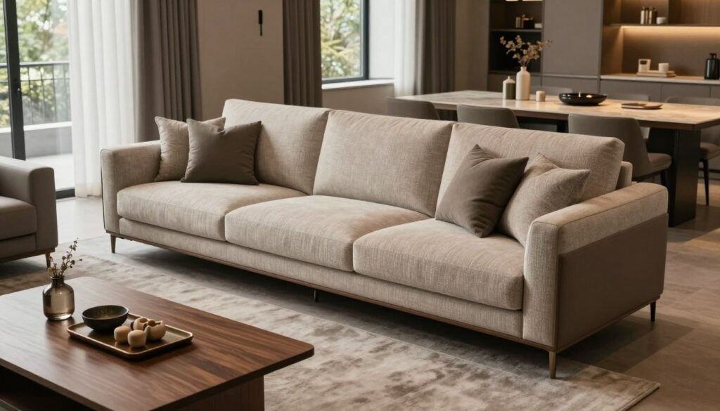 A luxurious "Hilton corner sofa" elegantly displayed in a spacious modern living room, emphasizing innovative features that enhance its utility. The sofa showcases rich, textured upholstery in a neutral tone, accented by stylish cushions and a sleek, modern design. In the foreground, a wooden coffee table with tasteful decor items complements the sofa. In the middle, the sofa takes center stage, surrounded by ambient lighting that creates a warm and inviting atmosphere. The background features large windows with soft drapes that let in natural light, enhancing the cozy feel of the room. The overall mood is sophisticated yet comfortable, ideal for family relaxation and gatherings. The camera angle is slightly elevated, focusing on the details of the sofa while capturing the expanse of the room. A luxurious "Hilton corner sofa" elegantly displayed in a spacious modern living room, emphasizing innovative features that enhance its utility. The sofa showcases rich, textured upholstery in a neutral tone, accented by stylish cushions and a sleek, modern design. In the foreground, a wooden coffee table with tasteful decor items complements the sofa. In the middle, the sofa takes center stage, surrounded by ambient lighting that creates a warm and inviting atmosphere. The background features large windows with soft drapes that let in natural light, enhancing the cozy feel of the room. The overall mood is sophisticated yet comfortable, ideal for family relaxation and gatherings. The camera angle is slightly elevated, focusing on the details of the sofa while capturing the expanse of the room.