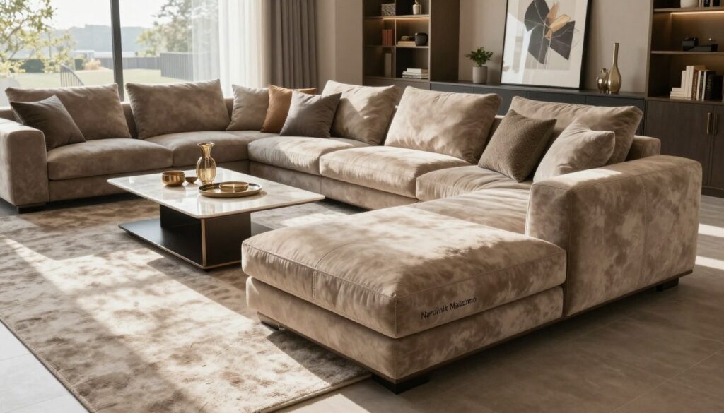 A luxurious "Narożnik Massimo" sectional sofa elegantly positioned in a spacious living room setting. The foreground features the plush, deep-seated sofa with rich upholstery in a warm, neutral color palette, showcasing its exquisite stitching and modern design. In the middle ground, a stylish coffee table adorned with decorative items complements the sofa, while plush area rugs add texture. Natural light floods the space through large windows, casting soft shadows and highlighting the elegance of the furniture. In the background, tastefully decorated shelves and chic artwork create a harmonious atmosphere, evoking a sense of relaxation and sophistication. The mood is inviting and luxurious, perfect for family gatherings in a large salon. A luxurious "Narożnik Massimo" sectional sofa elegantly positioned in a spacious living room setting. The foreground features the plush, deep-seated sofa with rich upholstery in a warm, neutral color palette, showcasing its exquisite stitching and modern design. In the middle ground, a stylish coffee table adorned with decorative items complements the sofa, while plush area rugs add texture. Natural light floods the space through large windows, casting soft shadows and highlighting the elegance of the furniture. In the background, tastefully decorated shelves and chic artwork create a harmonious atmosphere, evoking a sense of relaxation and sophistication. The mood is inviting and luxurious, perfect for family gatherings in a large salon.