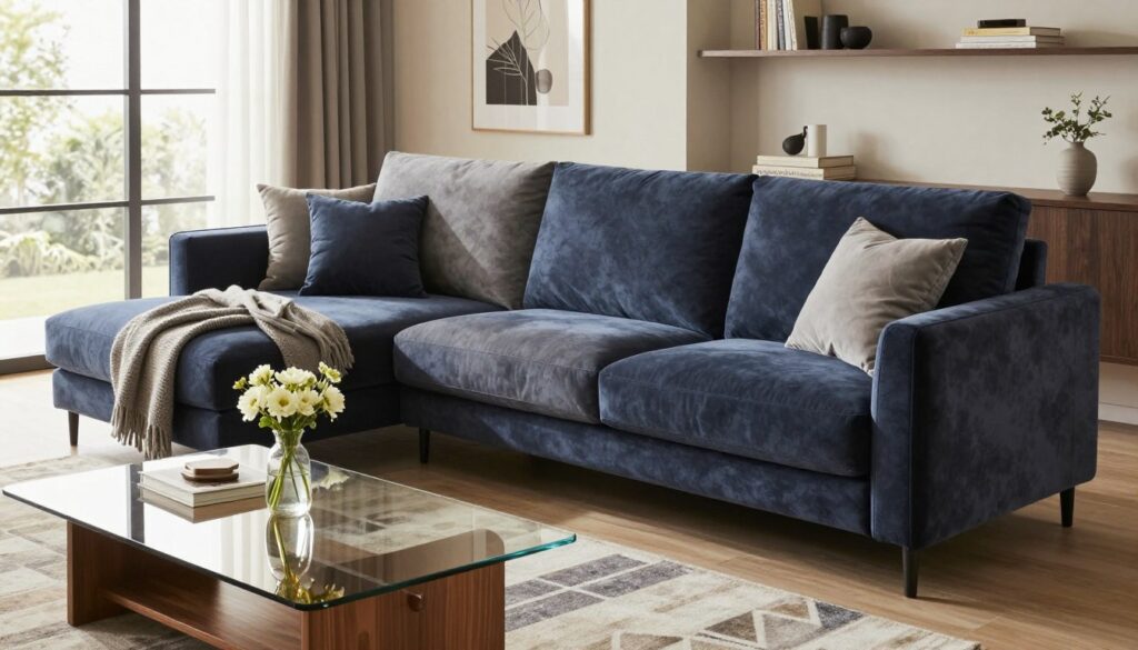 A luxurious and modern 'Narożnik Belavio' sectional sofa is elegantly positioned in a bright, stylish living room. The sofa features rich, soft upholstery in a blend of deep navy and warm gray tones, adorned with plush pillows for added comfort. In the foreground, a sleek coffee table made of glass and wood is set with a cozy throw blanket and a small vase of fresh flowers. The middle of the image showcases the inviting sofa surrounded by contemporary decor, such as a geometric rug and minimalist shelves. In the background, large windows let in warm, natural light, illuminating the space and creating a serene atmosphere. The overall mood is one of comfort and elegance, ideal for a family-friendly setting.