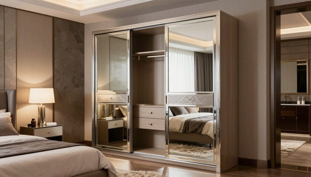A luxurious glamour sliding wardrobe as the focal point of a modern bedroom. The wardrobe features sleek, reflective surfaces with ornate mirrors and elegant finishes, capturing light beautifully. Surrounding the wardrobe, a tastefully decorated room with a plush bed, stylish bedside tables, and soft, ambient lighting enhances the elegant atmosphere. The background reveals stylish wallpaper and a plush rug that harmonizes with the overall aesthetic. The angle captures the depth of the room, highlighting the wardrobe's grandeur and functionality, while the soft lighting creates a warm, inviting mood. The scene evokes a sense of sophistication and practical luxury, perfect for a contemporary living space.