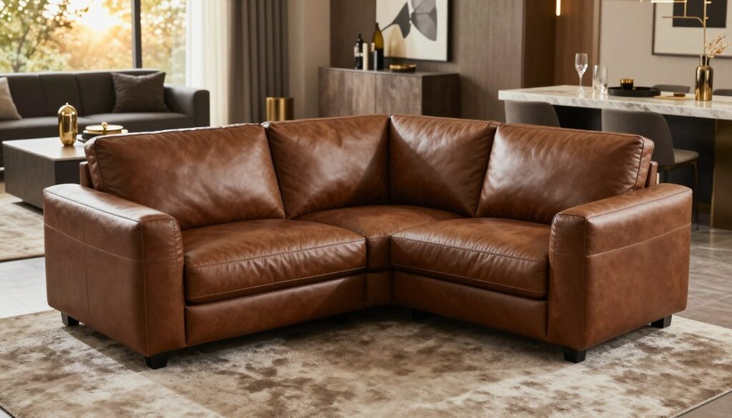A luxurious leather corner sofa, elegantly designed with smooth, rich brown upholstery and stylish stitching details. In the foreground, the sofa is positioned against an elegant, softly illuminated living room backdrop, featuring modern decor elements. A large, plush area rug lies underneath, enhancing the cozy atmosphere. The middle ground includes contemporary furniture pieces, such as a sleek coffee table and tasteful decorative accents, complementing the sofa's style. In the background, large windows allow golden sunlight to flood the room, creating warm highlights. The overall mood is sophisticated and inviting, perfect for a high-end interior design context. The image is shot from a slightly elevated angle, showcasing the depth and comfort of the corner sofa. A luxurious leather corner sofa, elegantly designed with smooth, rich brown upholstery and stylish stitching details. In the foreground, the sofa is positioned against an elegant, softly illuminated living room backdrop, featuring modern decor elements. A large, plush area rug lies underneath, enhancing the cozy atmosphere. The middle ground includes contemporary furniture pieces, such as a sleek coffee table and tasteful decorative accents, complementing the sofa's style. In the background, large windows allow golden sunlight to flood the room, creating warm highlights. The overall mood is sophisticated and inviting, perfect for a high-end interior design context. The image is shot from a slightly elevated angle, showcasing the depth and comfort of the corner sofa.