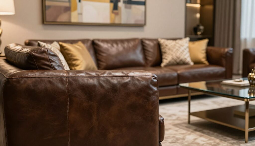 A luxurious leather corner sofa elegantly positioned in a stylish living room. The foreground features a plush, dark brown leather armrest with visible texture and stitching details, emphasizing quality. In the middle ground, the sofa is adorned with rich, patterned cushions in beige and gold, contrasting beautifully with the leather. The background showcases a softly lit ambiance with warm lighting that enhances the inviting atmosphere, casting subtle shadows. A large abstract painting in muted colors hangs on the wall, complementing the decor. A sleek coffee table with glass and metal accents sits off to the side, enhancing the sophisticated look. The overall mood is warm and inviting, evoking a sense of elegance and comfort in a high-end setting, perfect for a luxurious living space. A luxurious leather corner sofa elegantly positioned in a stylish living room. The foreground features a plush, dark brown leather armrest with visible texture and stitching details, emphasizing quality. In the middle ground, the sofa is adorned with rich, patterned cushions in beige and gold, contrasting beautifully with the leather. The background showcases a softly lit ambiance with warm lighting that enhances the inviting atmosphere, casting subtle shadows. A large abstract painting in muted colors hangs on the wall, complementing the decor. A sleek coffee table with glass and metal accents sits off to the side, enhancing the sophisticated look. The overall mood is warm and inviting, evoking a sense of elegance and comfort in a high-end setting, perfect for a luxurious living space.