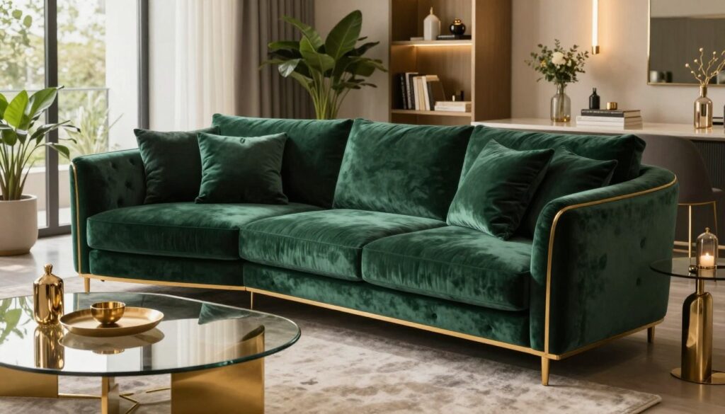 A luxurious velvet corner sofa as the centerpiece of a modern glamorous living room. The sofa is richly upholstered in deep emerald green velvet, adorned with elegant gold accents and plush cushions. In the foreground, the sofa is positioned invitingly, showcasing its intricate detailing and soft texture. A stylish coffee table made of glass and gold sits nearby, surrounded by chic decor items. The middle background features tastefully arranged indoor plants and a sleek bookshelf, all bathed in warm, ambient lighting that creates a cozy atmosphere. Large windows allow natural light to pour in, enhancing the richness of the velvet and golden tones. Capture this scene from a slightly angled view to emphasize depth and the inviting nature of the space, evoking a sense of comfort and elegance.