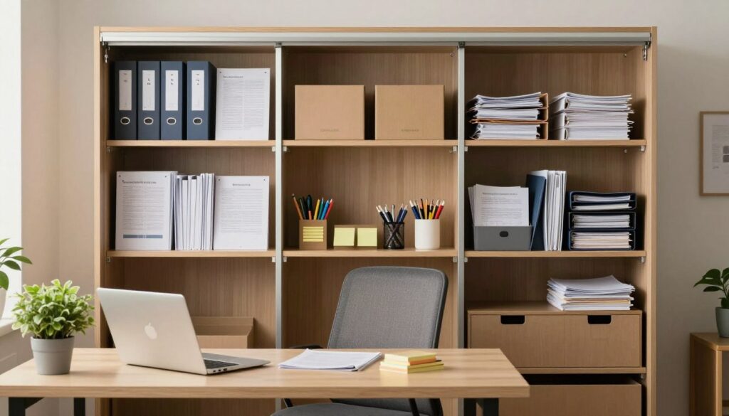 A meticulously organized office space inside a sliding wardrobe, showcasing neatly arranged documents in labeled folders, along with office supplies like pens, sticky notes, and a small plant for a touch of greenery. In the foreground, a simple yet elegant desk with a laptop open, surrounded by a comfortable ergonomic chair. The middle section features the sliding doors slightly open, revealing the well-organized shelving and compartments. The background includes soft, ambient lighting, enhancing the cozy and productive atmosphere. The scene captures a modern and efficient workspace, emphasizing functionality and aesthetically pleasing organization. Ideal for a home office setting, the image is inviting and professional. A meticulously organized office space inside a sliding wardrobe, showcasing neatly arranged documents in labeled folders, along with office supplies like pens, sticky notes, and a small plant for a touch of greenery. In the foreground, a simple yet elegant desk with a laptop open, surrounded by a comfortable ergonomic chair. The middle section features the sliding doors slightly open, revealing the well-organized shelving and compartments. The background includes soft, ambient lighting, enhancing the cozy and productive atmosphere. The scene captures a modern and efficient workspace, emphasizing functionality and aesthetically pleasing organization. Ideal for a home office setting, the image is inviting and professional.