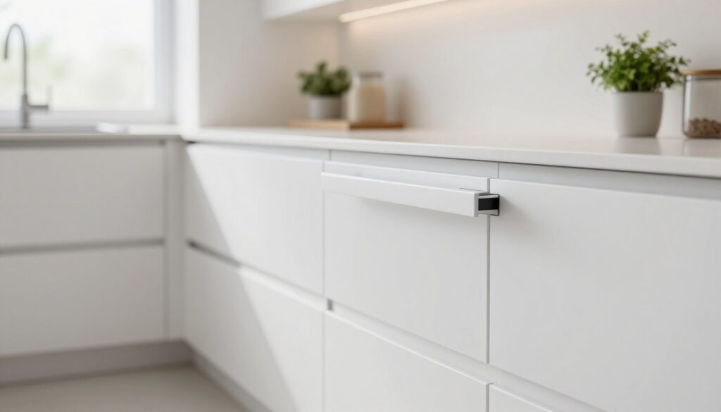 A minimalist kitchen setting featuring sleek, white cabinetry with integrated handle-less designs. In the foreground, close-up views of modern, touch-to-open mechanisms are highlighted, showcasing their seamless integration into the cabinet fronts. The middle ground displays a kitchen island with a smooth white surface and delicate lighting that emphasizes the clean lines of the cabinetry. Soft natural light filters through a nearby window, creating an airy, inviting atmosphere. The background features subtle hints of greenery, like potted herbs, enhancing the freshness of the space. The overall mood is contemporary and elegant, suitable for showcasing how handle-less systems can elevate the style of white kitchen furniture. Capture this scene with a wide-angle lens to encompass all elements harmoniously. A minimalist kitchen setting featuring sleek, white cabinetry with integrated handle-less designs. In the foreground, close-up views of modern, touch-to-open mechanisms are highlighted, showcasing their seamless integration into the cabinet fronts. The middle ground displays a kitchen island with a smooth white surface and delicate lighting that emphasizes the clean lines of the cabinetry. Soft natural light filters through a nearby window, creating an airy, inviting atmosphere. The background features subtle hints of greenery, like potted herbs, enhancing the freshness of the space. The overall mood is contemporary and elegant, suitable for showcasing how handle-less systems can elevate the style of white kitchen furniture. Capture this scene with a wide-angle lens to encompass all elements harmoniously.