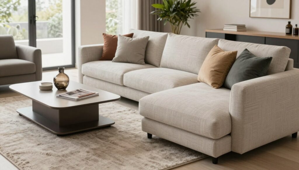 A modern Gappa corner sofa seamlessly blends comfort and elegance in a chic living room setting. The foreground features the plush, L-shaped sofa upholstered in a soft, neutral fabric, with stylish geometric patterns. Luxurious throw pillows in muted tones add a touch of color. In the middle, a sleek coffee table rests on a textured area rug, surrounded by contemporary decor items like a decorative vase and magazines. The background showcases a well-lit space, with large windows allowing natural light to stream in, highlighting the minimalist furniture and vibrant indoor plants. The atmosphere is warm and inviting, perfect for relaxation and social gatherings, captured with a soft focus lens that adds depth and warmth to the scene.