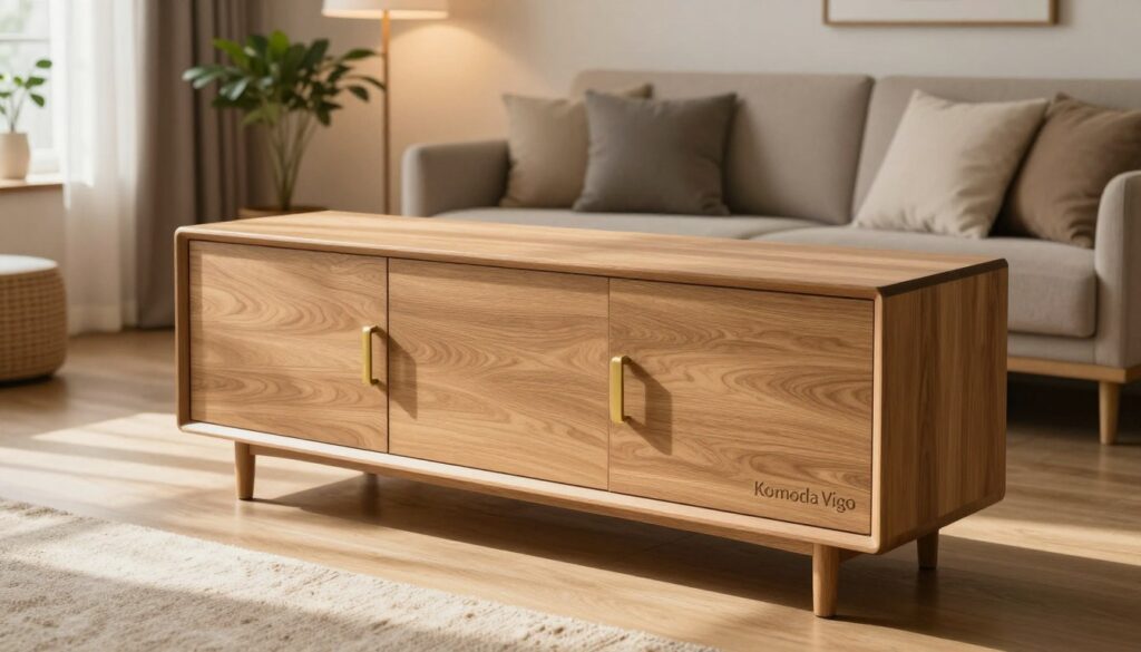 A modern "Komoda Vigo" in a stylish living room, showcasing its sleek design and practical storage solutions. The komoda is prominently placed in the foreground, featuring smooth, minimalist lines, a natural wood finish, and brass handles. Behind it, a softly lit cozy space with a neutral color palette, complemented by indoor plants and decorative elements like framed artwork and cushions. The lighting is warm and inviting, creating a serene atmosphere, with sunlight filtering through a nearby window. Capture the image from a slightly elevated angle to emphasize the komoda's height and functionality, while keeping the overall scene harmonious and modern. The mood invites comfort and contemporary aesthetics, perfect for any interior design enthusiast.