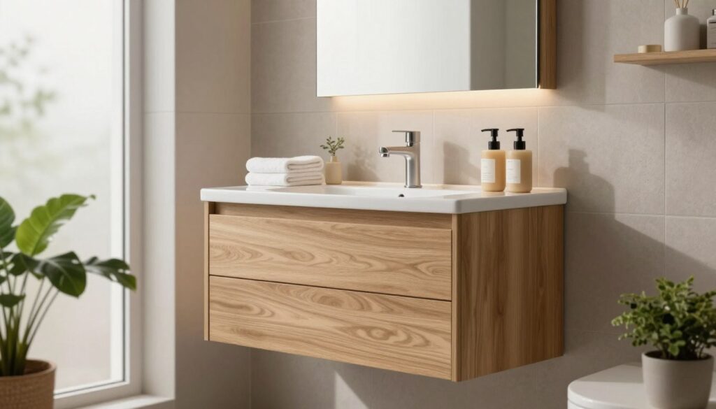 A modern bathroom setting featuring a stylish wall-mounted vanity cabinet above a sink, harmonizing with contemporary furniture styles. The foreground showcases the sleek cabinet with a natural wood finish, adorned with minimalist hardware and an elegant mirror reflecting warm bathroom lighting. In the middle ground, soft textures are highlighted with plush towels and artisan soap dispensers, enhancing functionality. The background displays a neutral palette of tiles with subtle accents of greenery from potted plants, creating a fresh atmosphere. The overall mood is inviting and serene, with natural light filtering in through a frosted window, captured with a soft-focus lens to emphasize the warmth and elegance of the space.