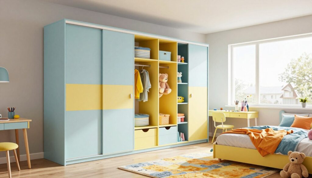 A modern children's bedroom featuring a beautifully designed built-in wardrobe. In the foreground, the wardrobe is adorned with playful colors, such as pastel blues and yellows, with sliding doors and spacious compartments for toys and clothes. A cozy bed with vibrant bedding is positioned next to the wardrobe, surrounded by soft toys strewn about. In the middle, a brightly colored rug adds warmth, and a small desk with art supplies hints at creativity. The background showcases a window allowing soft, natural light to stream through, illuminating the room. The atmosphere is cheerful and inviting, perfect for a child's imagination, captured in a wide-angle shot that adds depth to the scene.
