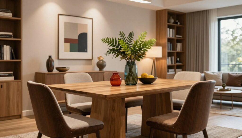 A modern dining room showcasing the theme of contrast in interior design. In the foreground, a beautifully crafted oak dining table surrounded by a mix of elegant chairs—some in dark wood tones, others in light fabric, emphasizing visual contrast. The middle section features a stylish centerpiece with a mix of lush greenery and colorful decorative elements, creating a focal point. In the background, soft, warm lighting illuminates wall art and a well-curated bookshelf, enhancing the cozy atmosphere. A large window reveals a hint of nature outside, lending a bright and airy feel. The angle captures the entire room, showcasing both harmony and contrast in a sophisticated yet inviting ambiance. A modern dining room showcasing the theme of contrast in interior design. In the foreground, a beautifully crafted oak dining table surrounded by a mix of elegant chairs—some in dark wood tones, others in light fabric, emphasizing visual contrast. The middle section features a stylish centerpiece with a mix of lush greenery and colorful decorative elements, creating a focal point. In the background, soft, warm lighting illuminates wall art and a well-curated bookshelf, enhancing the cozy atmosphere. A large window reveals a hint of nature outside, lending a bright and airy feel. The angle captures the entire room, showcasing both harmony and contrast in a sophisticated yet inviting ambiance.