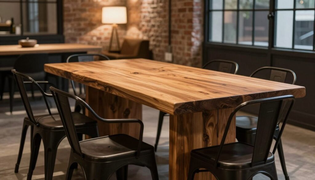 A modern dining space showcasing loft-style chairs paired with a rustic oak table, emphasizing the blend of contemporary aesthetics and warmth. In the foreground, stylish black metal and wood-framed chairs, featuring minimalist design and industrial textures, are arranged around the table. The middle section reveals a rich, polished oak tabletop, displaying the natural grain and warm tones of the wood. In the background, soft ambient lighting casts a cozy glow, highlighting exposed brick walls and large factory-style windows. The scene radiates an inviting and sophisticated atmosphere, perfect for an elegant yet casual dining experience. The perspective is slightly angled to capture the depth of the space, accentuating the harmony between the loft-style chairs and the oak table. A modern dining space showcasing loft-style chairs paired with a rustic oak table, emphasizing the blend of contemporary aesthetics and warmth. In the foreground, stylish black metal and wood-framed chairs, featuring minimalist design and industrial textures, are arranged around the table. The middle section reveals a rich, polished oak tabletop, displaying the natural grain and warm tones of the wood. In the background, soft ambient lighting casts a cozy glow, highlighting exposed brick walls and large factory-style windows. The scene radiates an inviting and sophisticated atmosphere, perfect for an elegant yet casual dining experience. The perspective is slightly angled to capture the depth of the space, accentuating the harmony between the loft-style chairs and the oak table.